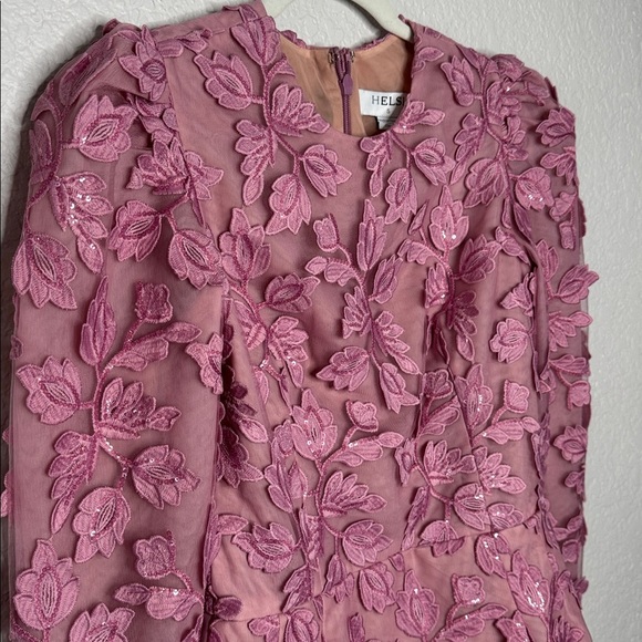 NEW HELSI Christy Scalloped Long Sleeve Pink Floral Applique Mini Dress Sz S - Picture 5 of 12